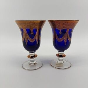 Horchow Set of 2 Cobalt‎ Blue and Gold Gilded Stemware Glasses Made in Italy